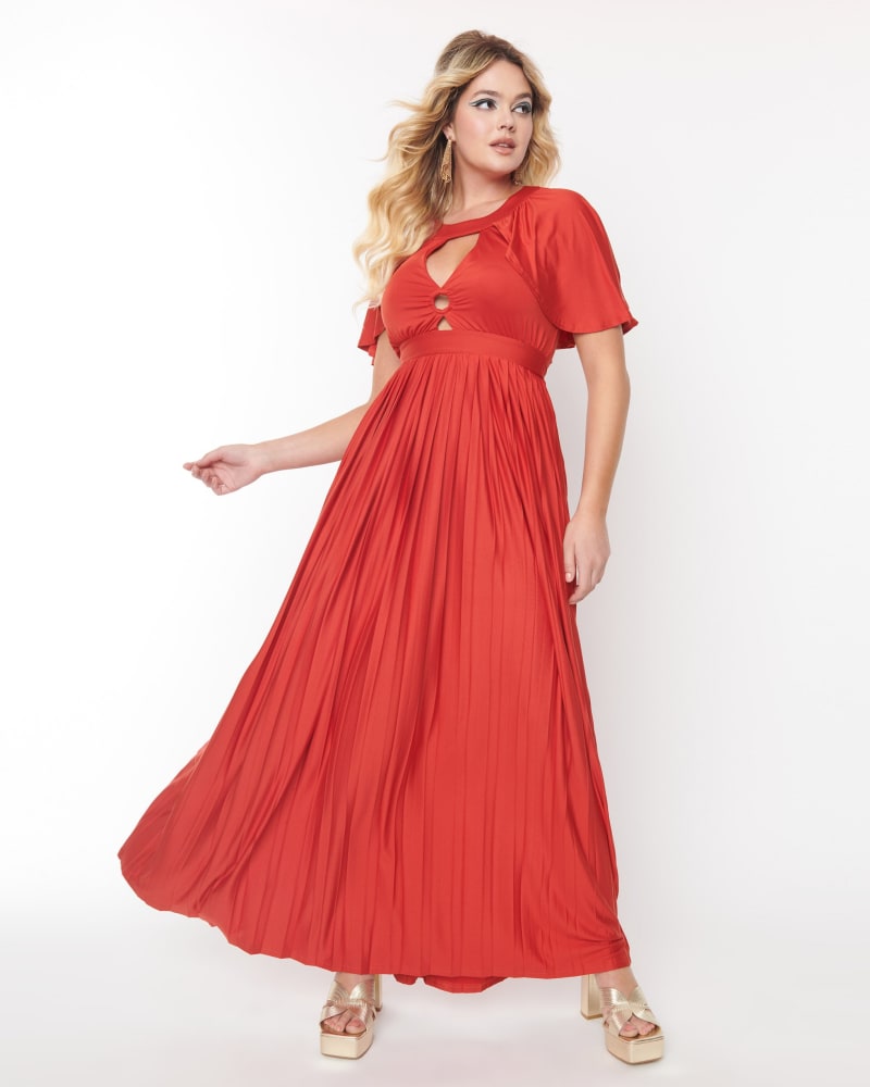 Front of a model wearing a size 3X Smak Parlour Rust Red Pleated Cape Maxi Dress in Red by Smak Parlour. | dia_product_style_image_id:298617